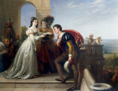 "Rosalinde et Orlando" Personnages de la piece de theatre "Comme il vous plaira" de William Shakespeare. (Rosalind og Orlando, fra Shakespeares "As You Like It") Peinture de John Bridges (1818-1854) Collection privee af John Bridges