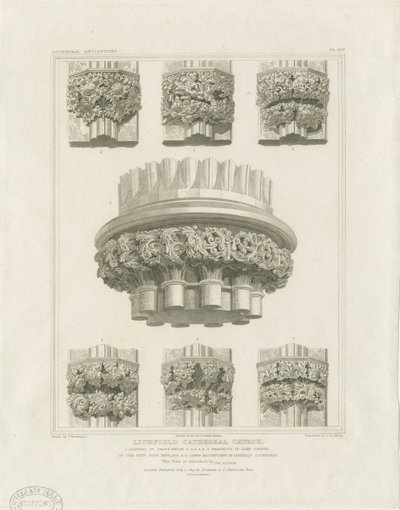Interiør af Lichfield Cathedral - Klyngesøjle i kapitelhus og beslag i Lady Chapel: gravering, nd [c 1819] (tryk) af John Britton