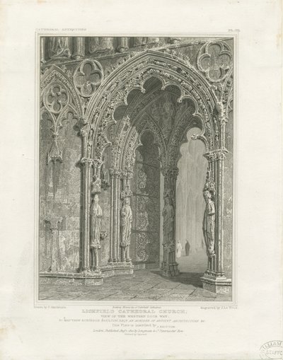 Lichfield Cathedral - West Door: gravering, og [c 1820] af John Britton