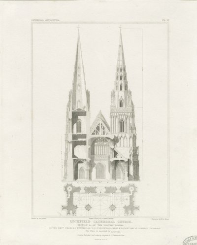 Lichfield Cathedral - Vestfronten: gravering, nd [c 1819] af John Britton