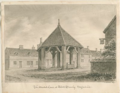 Abbots Bromley - Market House and Stocks: sepia drawing, 1839dani af John Buckler