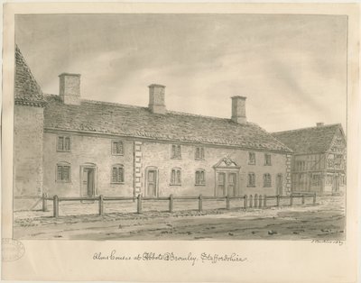 Abbots Bromley Almshouses: sepia tegning af John Buckler