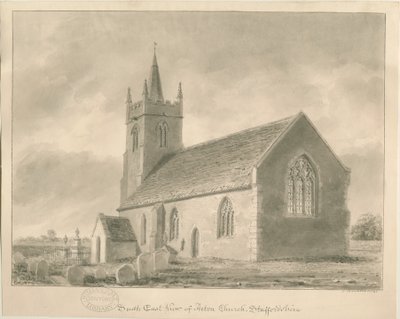 Acton Trussell Church: sepia-tegning, 1841 af John Buckler