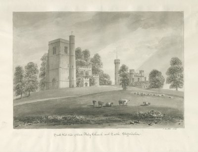 Arley kirke og slot: sepia tegning af John Buckler