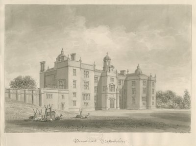 Beaudesert Hall og Park: sepia tegning af John Buckler