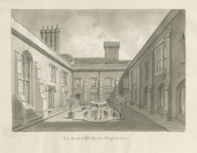 Blithfield Hall - Gårdhave: sepia tegning af John Buckler