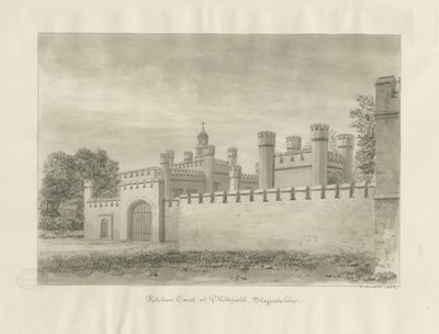 Blithfield Hall - Kitchen Court: sepia tegning af John Buckler