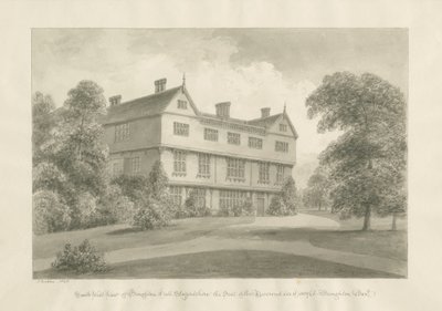 Broughton Hall: sepia tegning, 1848 af John Buckler