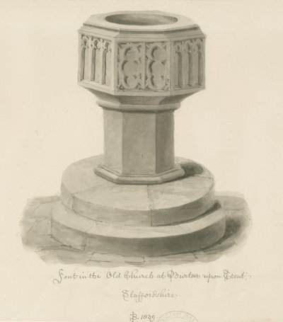Burton-upon-Trent - Font i den gamle kirke: sepia-tegning af John Buckler