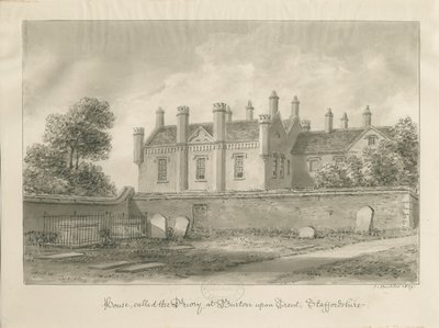 Burton-upon-Trent - Priory House: sepia-tegning af John Buckler