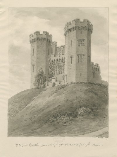 Castle Church - Stafford Castle: sepia tegning af John Buckler