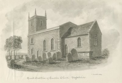 Cauldon Church: sepia tegning, 1844 af John Buckler