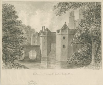 Caverswall Castle: sepia-tegning, 1840 af John Buckler