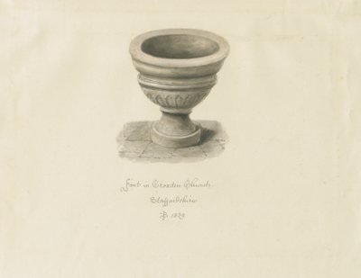 Croxden - Font in the Guest Chapel: sepia-tegning af John Buckler