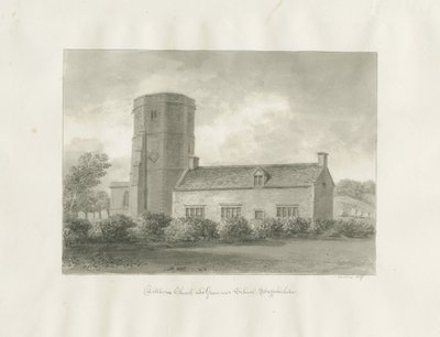 Dilhorne - Kirke og Gymnasium: sepia tegning af John Buckler