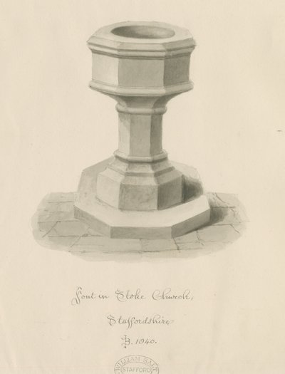 Font Stoke-upon-Trent Church: sepia-tegning af John Buckler