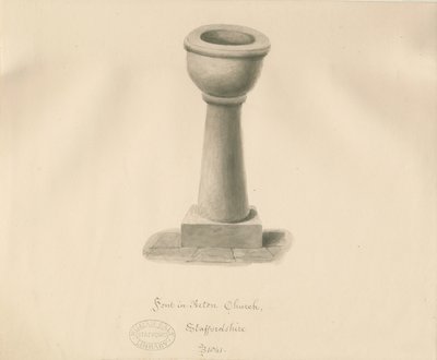 Skrifttype i Acton Trussell Church: sepia-tegning, 1841 af John Buckler