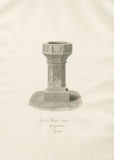Font i Alrewas Kirke: sepia tegning af John Buckler