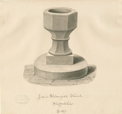 Skrifttype i Alstonfield Church: sepia-tegning af John Buckler
