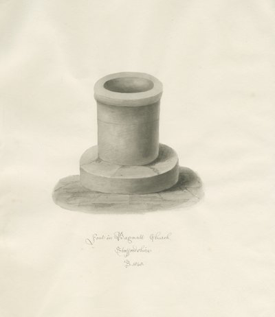Skrifttype i Bagnall Kirke: sepia tegning af John Buckler