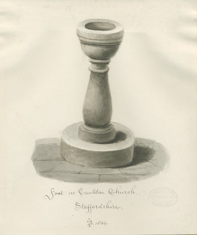 Font i Cauldon Church: sepia tegning af John Buckler