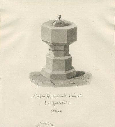 Skrifttype i Caverswall Church: sepia tegning af John Buckler