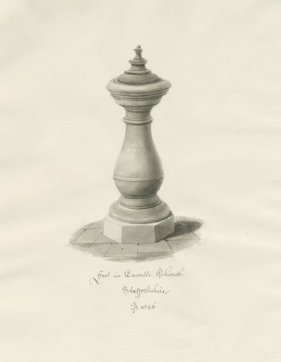 Skrifttype i Enville Kirke: sepia tegning af John Buckler