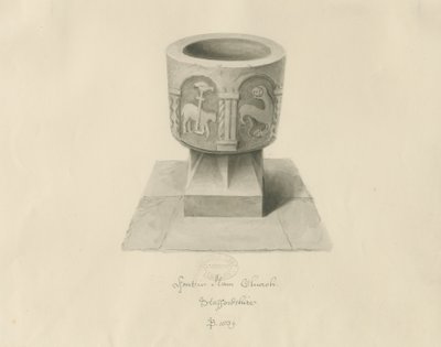 Skrifttype i Ilam Kirke: sepia tegning af John Buckler