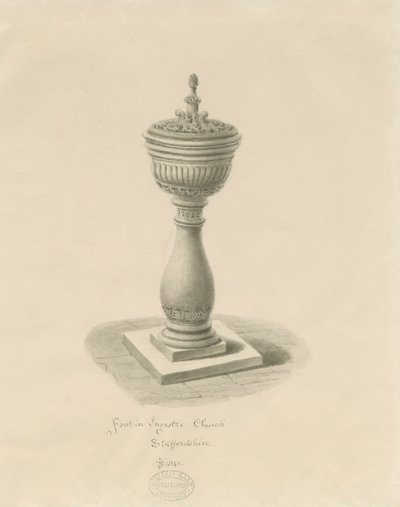 Font i Ingestre Kirke: sepia tegning af John Buckler