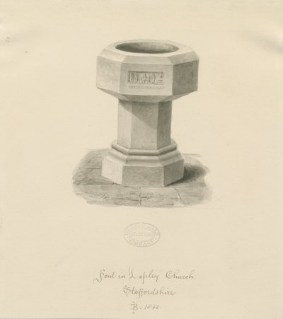 Font i Lapley Church: sepia vask tegning af John Buckler