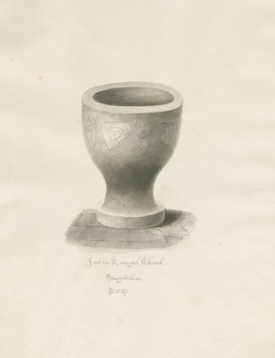 Skrifttype i Longnor Church: sepia tegning af John Buckler