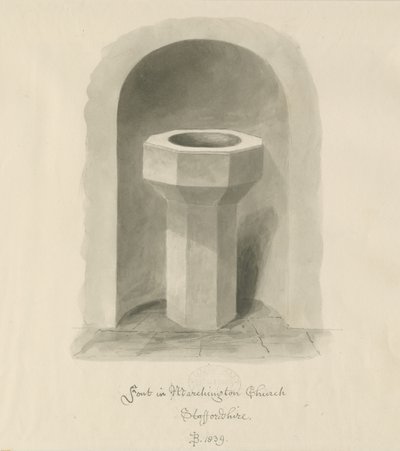 Skrifttype i Marchington Church: sepia vask tegning af John Buckler