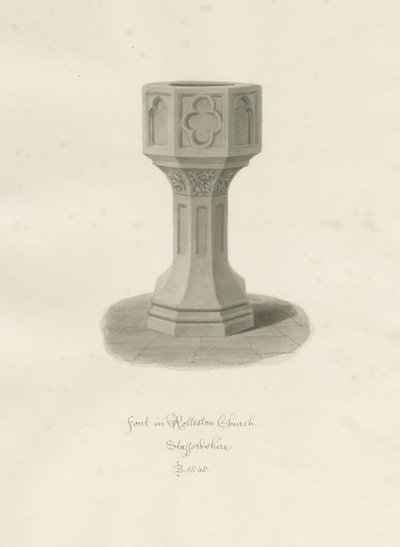Font i Rolleston Church: sepia-tegning, 1848 af John Buckler