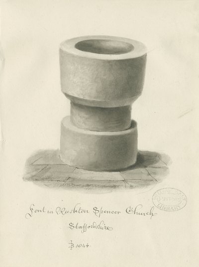Skrifttype i Rushton Spencer Church: sepia vask tegning af John Buckler