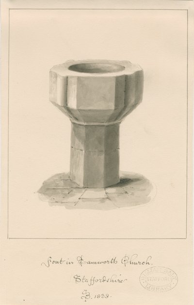 Skrifttype i Tamworth Church: sepia tegning af John Buckler
