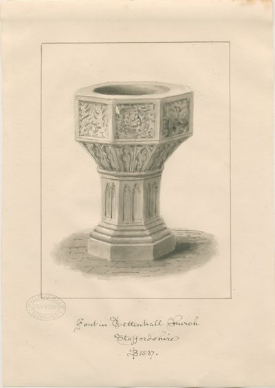 Font i Tettenhall Church: sepia tegning af John Buckler
