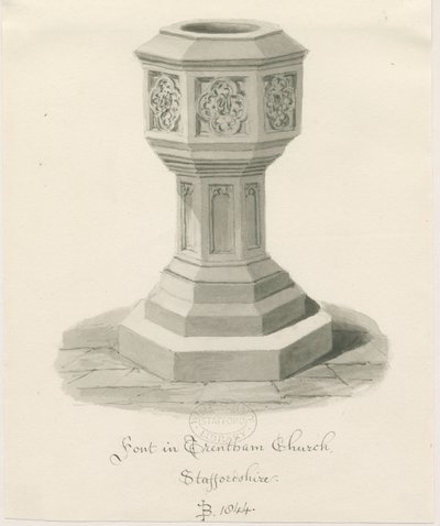 Skrifttype i Trentham Church: sepia-tegning, 1844 af John Buckler
