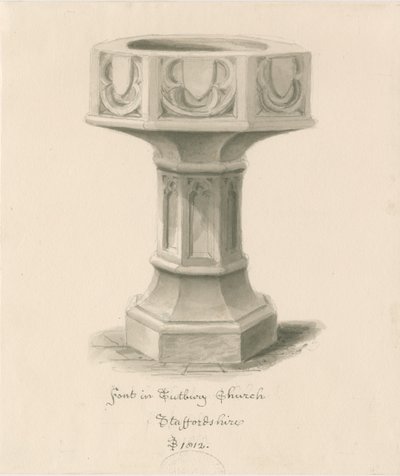Skrifttype i Tutbury Priory Church: sepia vask tegning af John Buckler