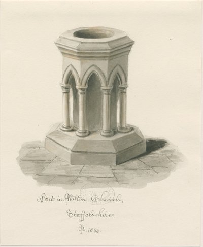 Skrifttype i Walton-on-the-Hill Church: sepia vask tegning af John Buckler