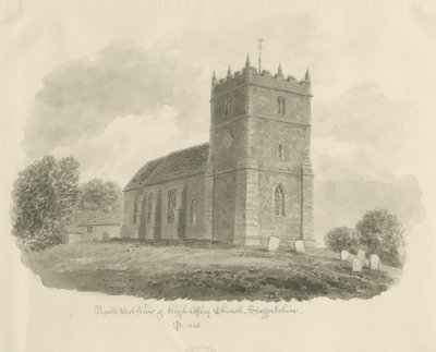 High Offley Church: sepia-tegning, 1843 af John Buckler