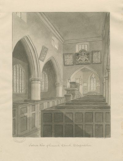 Interiør af Cannock Church: sepia tegning af John Buckler