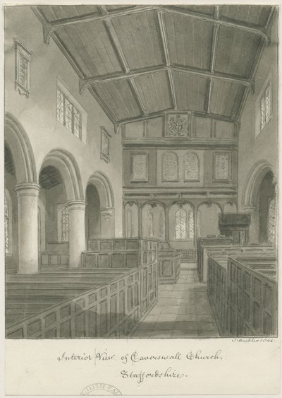 Interiør af Caverswall Church: sepia tegning af John Buckler