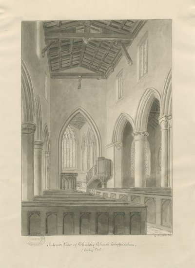 Interiør af Checkley Church: sepia tegning af John Buckler