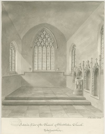 Interiør af Cheddleton Church: sepia tegning af John Buckler