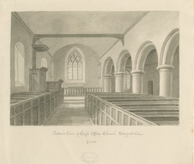 Interiør af High Offley Church: sepia tegning af John Buckler