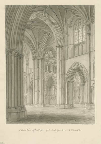 Interiør af Lichfield Cathedral - Krydsning fra det nordlige tværskib: sepia-tegning af John Buckler