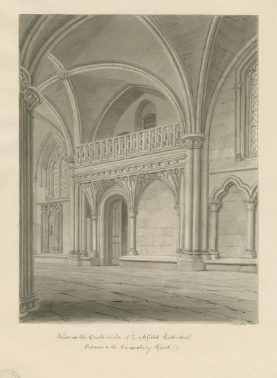 Interiør af Lichfield Cathedral - Indgang til Consistory Court: sepia tegning af John Buckler