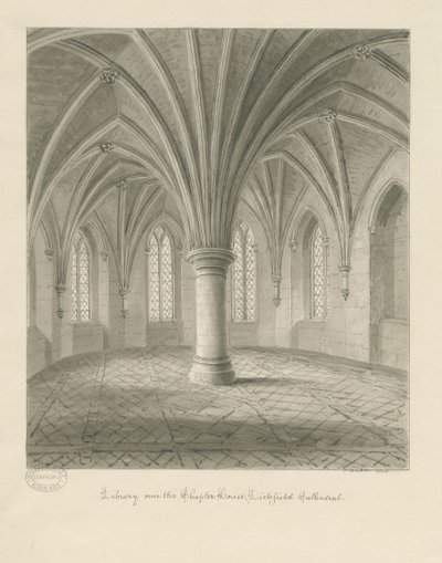 Interiør af Lichfield Cathedral - Bibliotek over Chapter House: sepia tegning af John Buckler