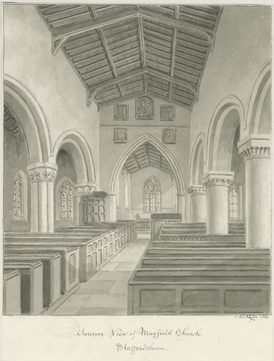 Interior of Mayfield Church: sepia wash drawing, 1844dani af John Buckler
