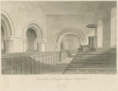 Interiør af Seighford Church: sepia tegning af John Buckler